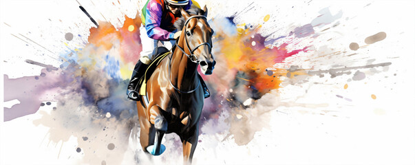 Horse and rider in jump. Colorful watercolor splashes