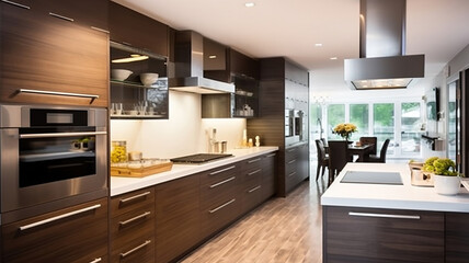 Modern kitchen interior. Gourmet new kitchen features. Generative AI