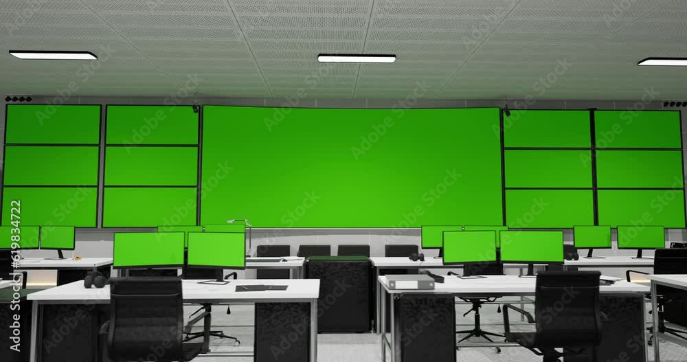 Wall mural big green screen horizontal mock up in a control security center room with many green screen mock up