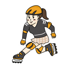 A young girl on roller skate with protective pad set.