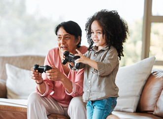 Grandmother, kid and gaming on sofa, controller and happy together with bond, care and love in family home. Senior woman, young child and playing with video game, esports and excited in living room