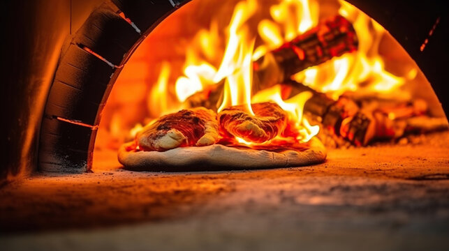 Image of a brick pizza oven with fire, Generative AI