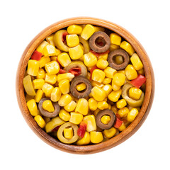 Mix of canned corn, sliced green and black olives and diced red bell pepper, in a wooden bowl. Ready-to-eat Mediterranean maize mix, as a side dish to a barbecue. Isolated from above macro food photo.