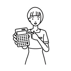 an esthetician, receptionist woman recommending, proposing, showing estimates and pointing a calculator with a smile