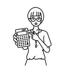 a woman teacher recommending, proposing, showing estimates and pointing a calculator with a smile