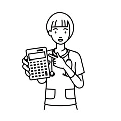 a nurse woman recommending, proposing, showing estimates and pointing a calculator with a smile