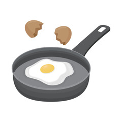 Sunny-side-up egg on pan and eggshell vector illustration. Fried egg breakfast. Egg yolk and albumen. Cartoon style.