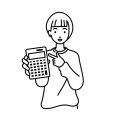a woman in casual style recommending, proposing, showing and pointing a calculator with a smile