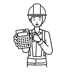 a woman working at construction sites recommending, proposing, showing estimates and pointing a calculator with a smile