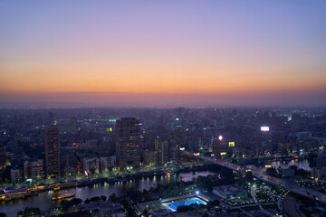 View of the sunset over downtown with Nile river from Cairo Tower in central Cairo, Egypt