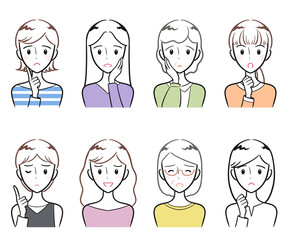 様々な年代の大人女性　ネガティブな身ぶりと表情　アイコンセット（シンプル）