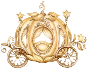 Cute carriage of Princess Cinderella in pumpkin shape. Hand drawn watercolor illustration vintage golden royal transport. © MarinadeArt