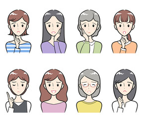 様々な年代の大人女性　ネガティブな身ぶりと表情　アイコンセット（カラフル）