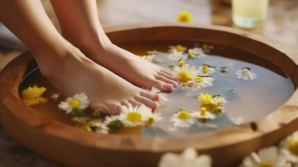 Obraz na płótnie Canvas Woman soaking her feet in dish with water and flowers on wooden floor. Spa treatment, Generative AI