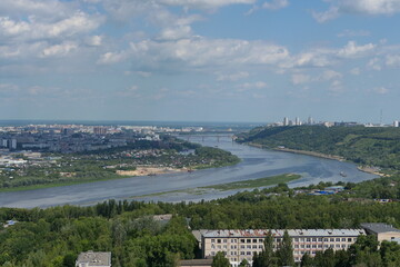 Beautiful panoramic view from above of the urban landscape and the Oka River. Nizhniy Novgorod. High quality photo