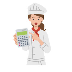 立って電卓を指差してこちらに向けて見せている調理師の女性