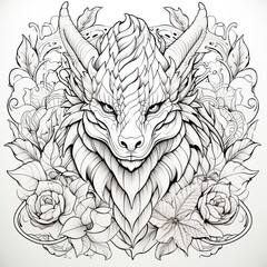 Monochrome mandala with dragon head for coloring. Symbol of 2024. Year of the Dragon. AI generation.
