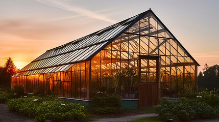 Obraz premium Front view of a greenhouse at sunset. Generative AI