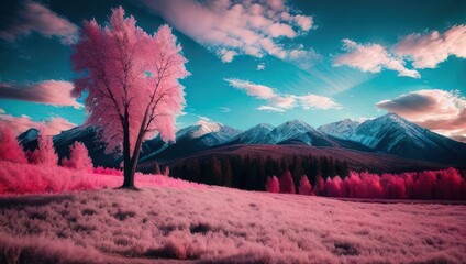 Beautiful pink infrared landscape panorama mountains with cloudy sky