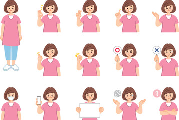 若い女性　表情とジェスチャーのイラスト素材セット