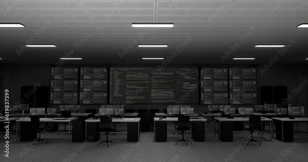 Wall mural programming code moving on big black screen background horizontal with multiple monitors and desktop