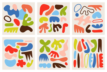 Colorful organic forms. Hand drawn simple shapes. flat vector shapes collection influenced by Naive art and doodle art. Abstract backgrounds for poster, card, cover, packaging, banner or branding.