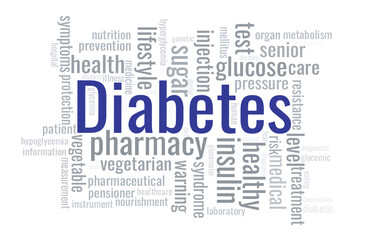 Illustration in the form of a cloud of words related to the Diabetes.
