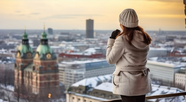 A woman in white winter clothes enjoys the panoramic view. Generative AI