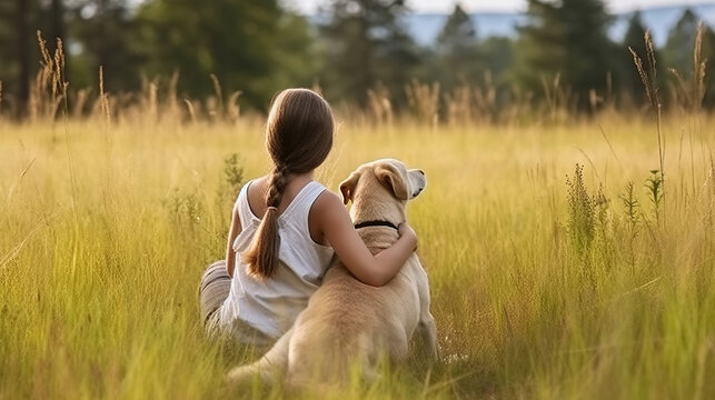 Back view of female owner and dog embraced while resting in grassy field with tall trees, Generative AI