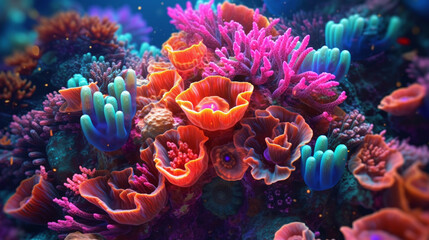 Obraz na płótnie Canvas Coral reef background. Undersea tropical world. Bright neon colored coral reef, anemone and sea plant. Ai generated illustration
