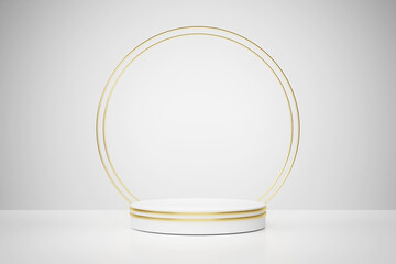 3D rendering white and gold product display stand with gold rings on white background.