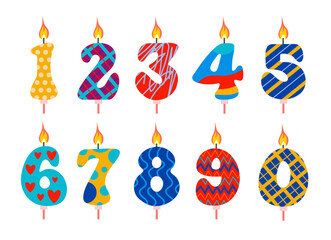 Fototapeta na wymiar Candles for kids birthday holiday cake cartoon vector set. Burning colorful candles with different holiday patterns in flat style. For anniversary party invitations, card design, decorations.