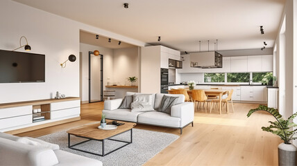 Contemporary open plan kitchen with dining table set and gray sofa in light spacious room. Generative AI