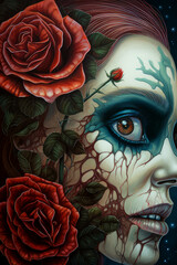 dead and rose in the style of optical illusion painting