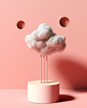 Generative AI illustration of fluffy cloud on pedestal with geometric elements on pink background