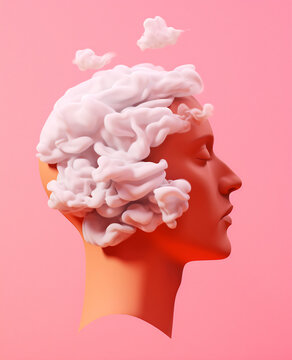 Generative AI illustration of side view male bust with cloud as hairstyle on pink background