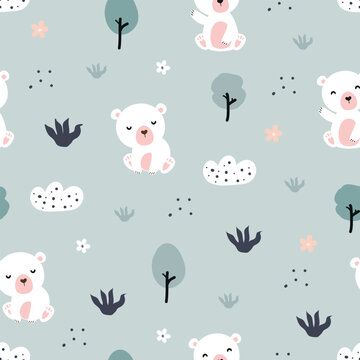 Cute bear with grass, trees and flowers Seamless pattern. Cute cartoon animal background. Kids collection. Designed for Print, wallpaper, decoration, fabric, textile, wrapping. Vector illustration