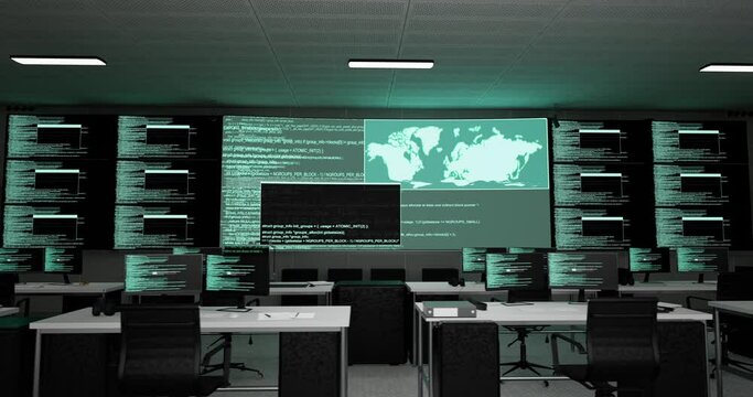 Big Black Screen Background Horizontal Showing Database With Multiple Monitors And Desktops Running Programming Code In A Control Security Center Room At The Office 
