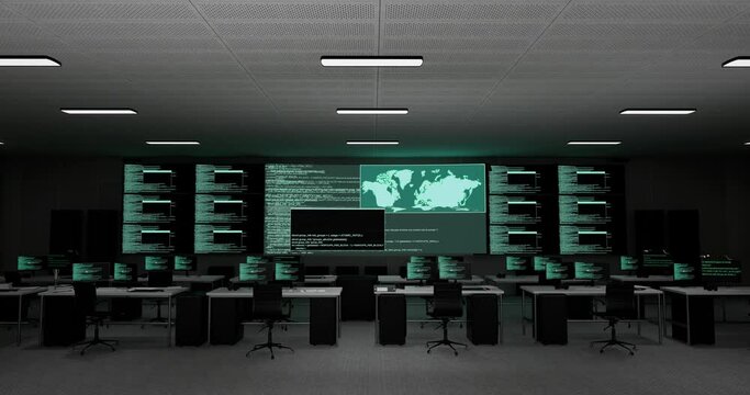 Programming Code Moving On Big Black Screen Background Horizontal With Multiple Monitors And Desktops Showing Database In A Control Security Center Room At The Office 
