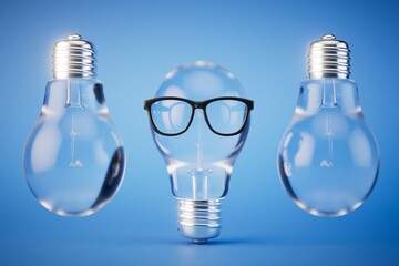 generation of good ideas. Electric light bulbs with glasses on a blue background. 3D render