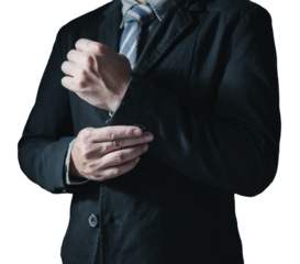 Portrait of businessman in suit standing thoughtful, half body and not showing face.