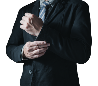 Portrait of businessman in suit standing thoughtful, half body and not showing face.