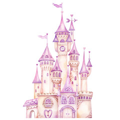 Pink magical castle. Fairytale watercolor hand painted illustration isolated on white background. Ideas for baby shower invitation, kids greeting cards, girls nursery decoration - 619838928