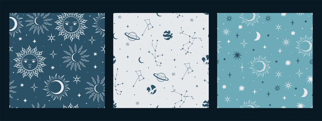 Set of starry seamless patterns in blue colors. Vector graphics.