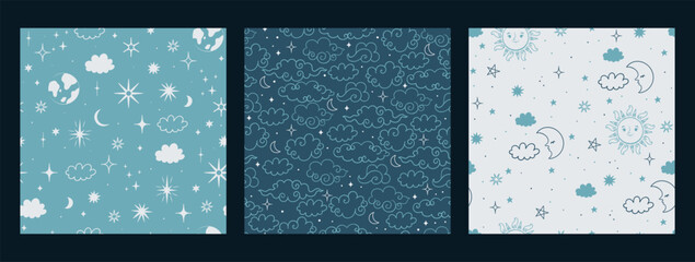 Set of starry seamless patterns in blue colors. Vector graphics.