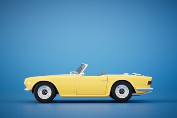 Yellow car with a folding roof on a turquoise background. 3D render