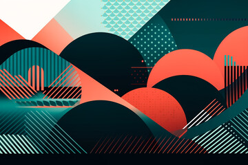 Generative AI illustration of multicolored abstract background with various geometry shapes placed one on another and parallel lines