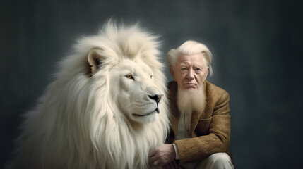 AI generated illustration of elderly bearded man with albinism in jacket looking at camera against albino male lion with lush mane on black backdrop