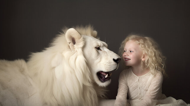 AI generated illustration of child hair curly girl with albinism embracing albinos lion while looking at each other together against black background
