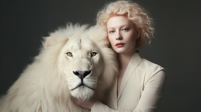 AI Generated Illustration Of Charming Young Woman With Albinism In White Blouse And Albino Lion Looking At Camera On Black Background